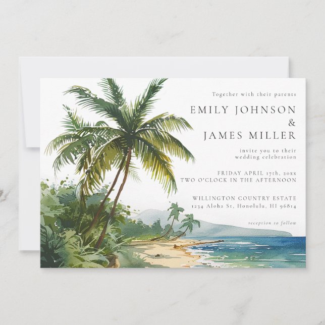 Invitación Watercolor Palm Trees Tropical Beach Wedding (Anverso)