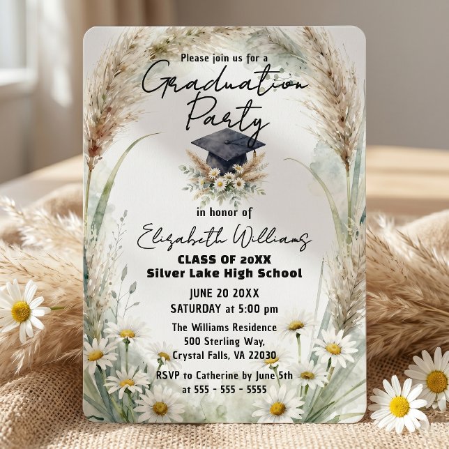 Invitación Watercolor Pampas Grass Daisies Graduation Party (Subido por el creador)