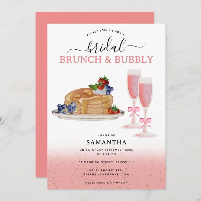 Invitación Watercolor Pancakes Brunch & Bubbly Bridal Shower (Anverso / Reverso)