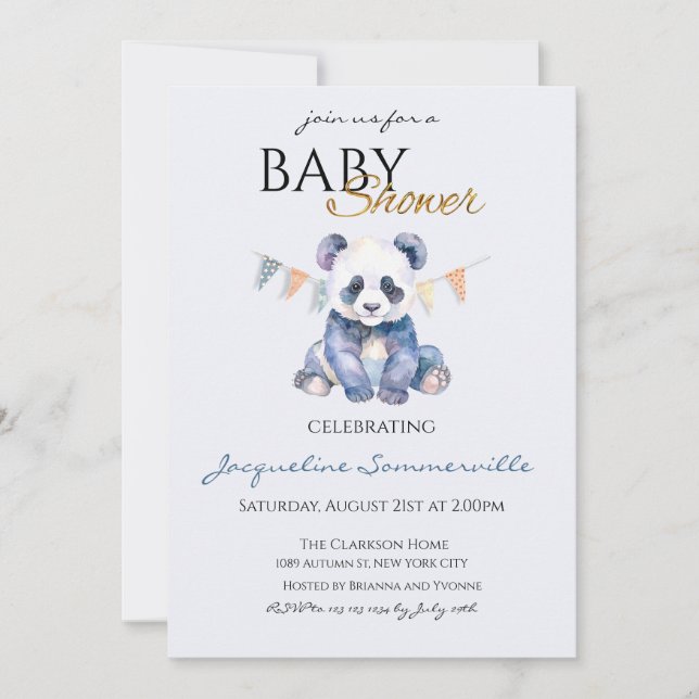 Invitación Watercolor Panda bear Baby Shower (Anverso)