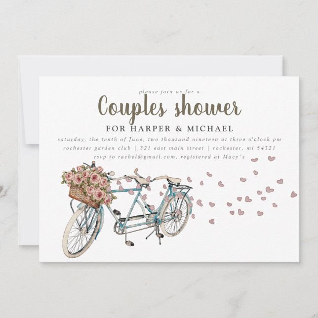 Invitación Watercolor Parejas de bicicleta tándem ducha (Anverso)