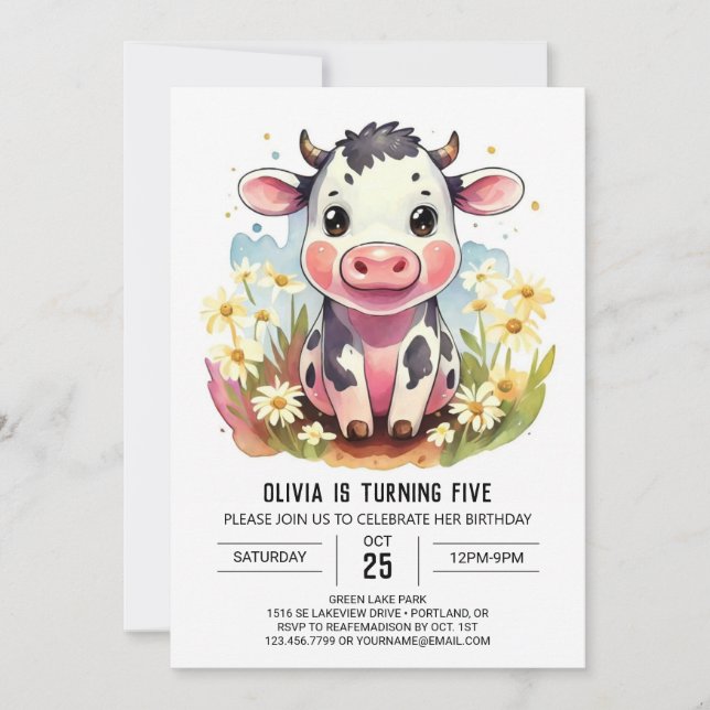 Invitación Watercolor Pastel Barnyard Cow Cumpleaños (Anverso)