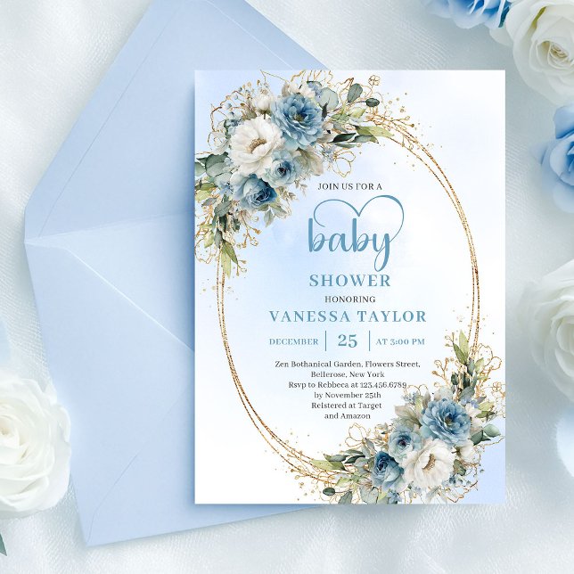 Invitación Watercolor Pastel Blue Floral Gold Baby Shower  (Watercolor Pastel Blue Floral Gold Baby Shower Card

)