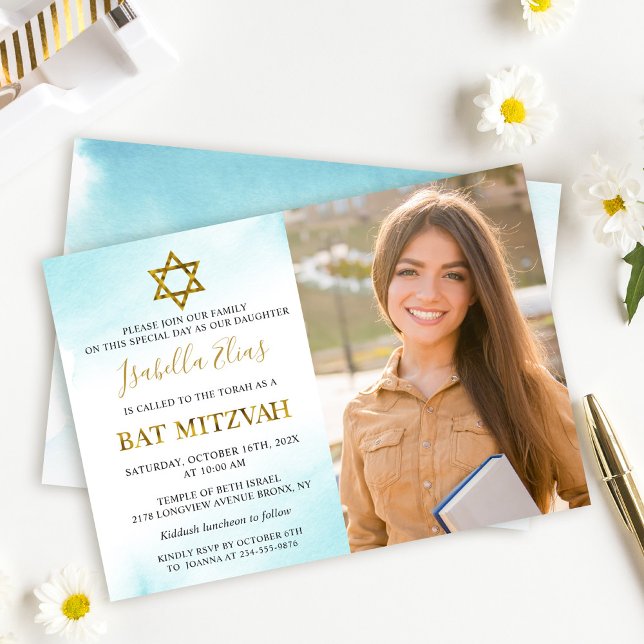 Invitación Watercolor Pastel Blue Gold Bat Mitzvah Foto (Subido por el creador)