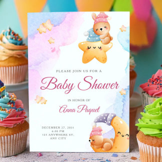 Invitación Watercolor Pastel Cute Teddy Bear Baby Shower