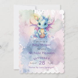 Invitación Watercolor Pastel Dragon Chica Baby Shower Cute