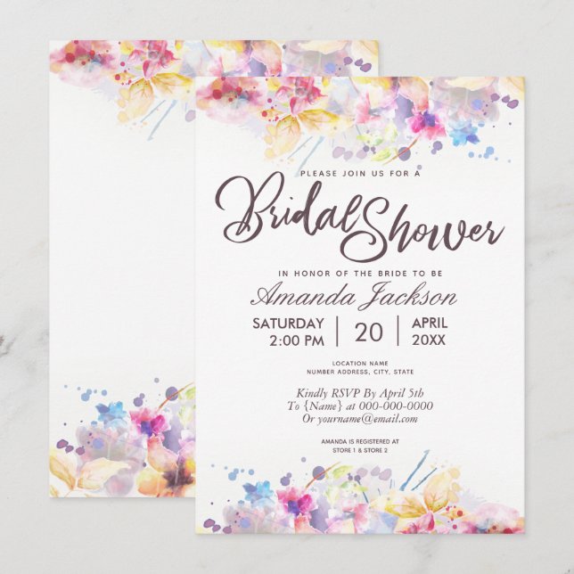 Invitación Watercolor Pastel Floral Bridal Shower (Anverso / Reverso)