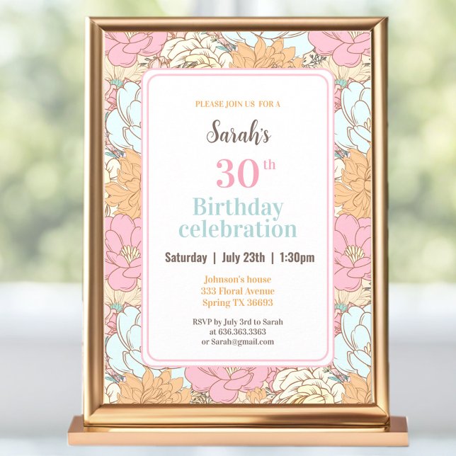 Invitación Watercolor Pastel Floral Rosa 30 cumpleaños (Watercolor Pastel Floral Pink 30th Birthday Invitation)