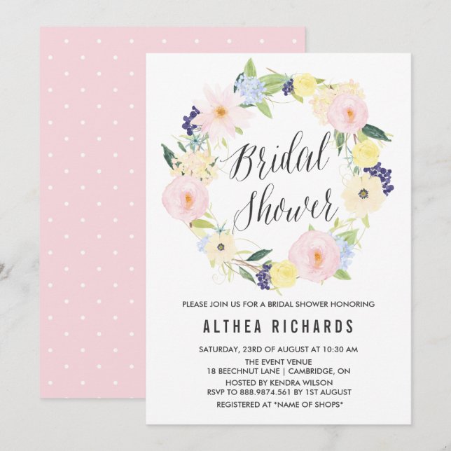 Invitación Watercolor Pastel Floral Wreath Brillante Ducha (Anverso / Reverso)