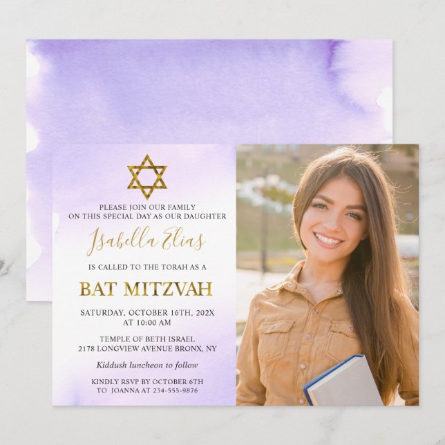 Invitación Watercolor Pastel Morple Gold Bat Mitzvah Foto (Anverso / Reverso)