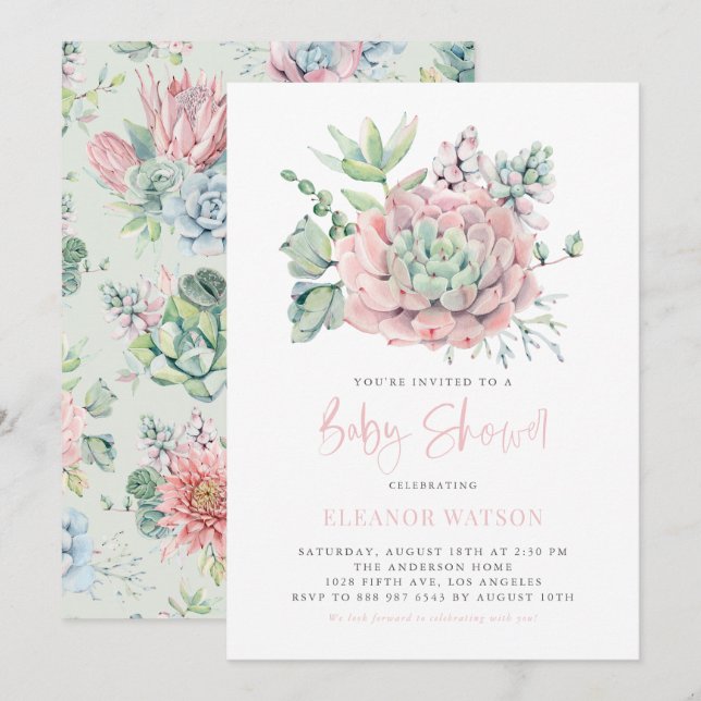 Invitación Watercolor Pastel Succulens Baby Shower (Anverso / Reverso)