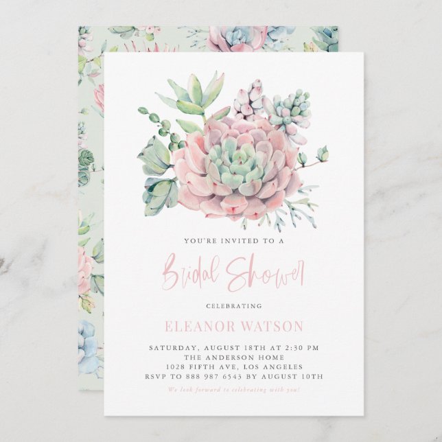 Invitación Watercolor Pastel Succulens Bridal Shower (Anverso / Reverso)