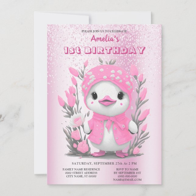 Invitación Watercolor Pato Flor Rosa Primer cumpleaños (Anverso)