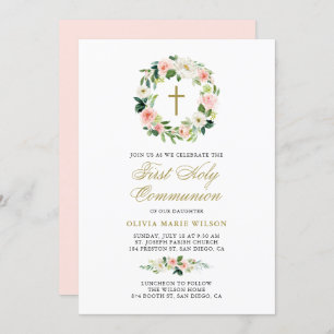 Invitación Watercolor Peach Floral First Holy Communia