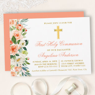 Invitación Watercolor Peach Floral Gold Primera Comunión