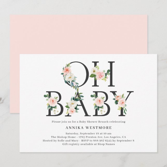 Invitación Watercolor Peach Floral Letters Baby Shower Brunch (Anverso / Reverso)