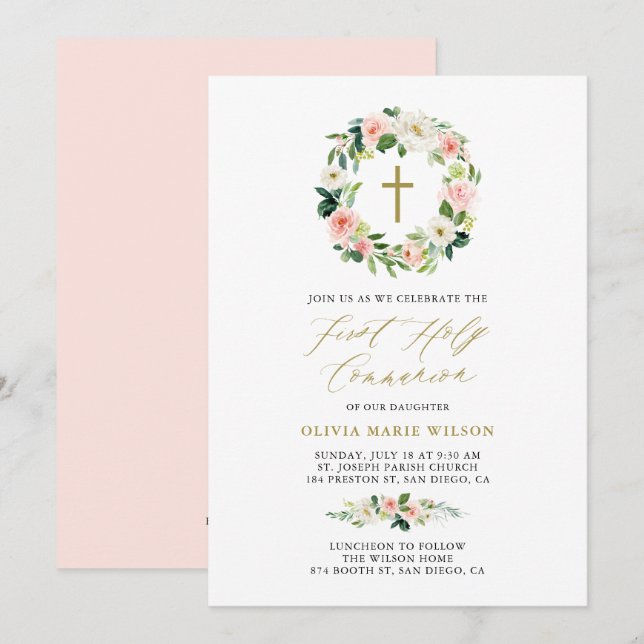 Invitación Watercolor Peach Florals Primera Comunión Sagrada (Anverso / Reverso)