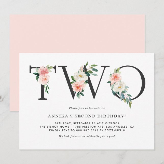 Invitación Watercolor Peach Flowers Floral Segundo Cumpleaños (Anverso / Reverso)