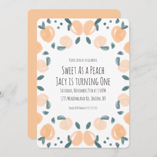 Invitación Watercolor Peach Fruit Birday Party Border Art (Anverso / Reverso)