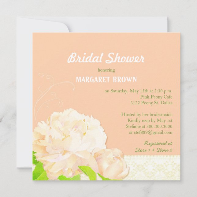 Invitación Watercolor Peach Peony Shower (Anverso)