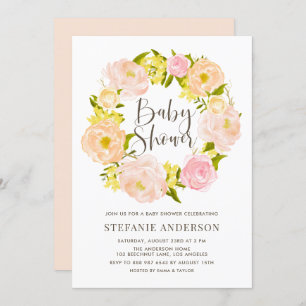 Invitación Watercolor Peach Peony Wreath Baby Shower