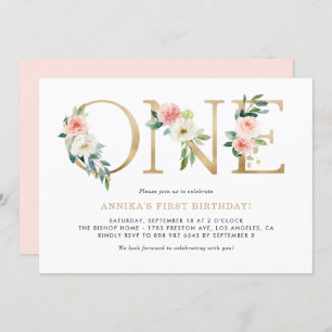Invitación Watercolor Peach Pink Flowers Gold First Birday