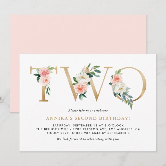 Invitación Watercolor Peach Pink Flowers Gold Segundo Cumplea (Anverso / Reverso)
