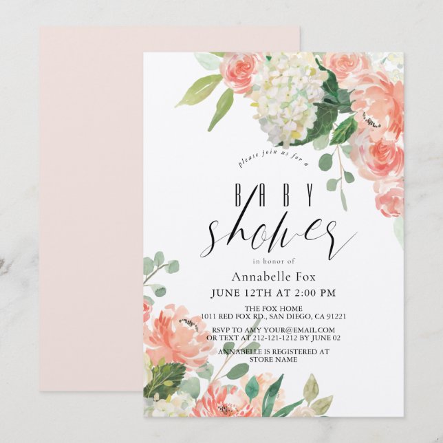 Invitación Watercolor Peach Rosa e Hydrangea Baby Shower (Anverso / Reverso)