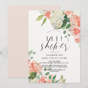 Invitación Watercolor Peach Rosa e Hydrangea Baby Shower