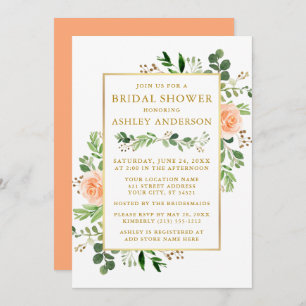 Invitación Watercolor Peach Rosas Bridal Shower Greenery Gold