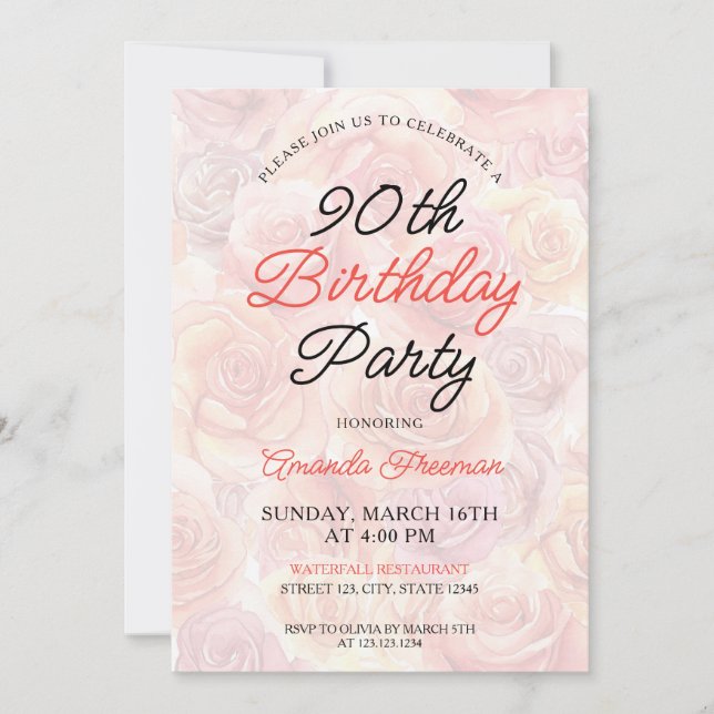 Invitación Watercolor Peach Rosas Fondo 90 cumpleaños (Anverso)