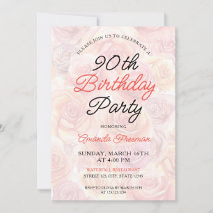 Invitación Watercolor Peach Rosas Fondo 90 cumpleaños