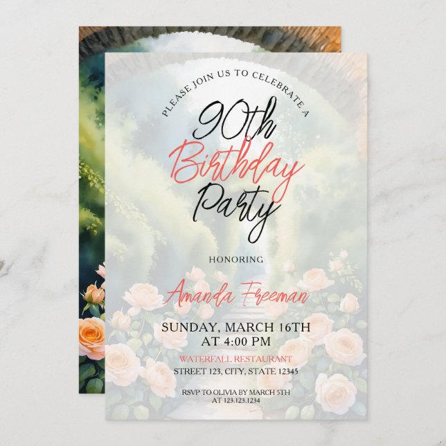Invitación Watercolor Peach Rosas Garden 90º cumpleaños (Anverso / Reverso)