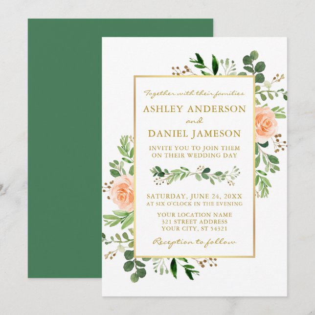 Invitación Watercolor Peach Rosas Greenery Boda Gold (Anverso / Reverso)