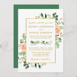 Invitación Watercolor Peach Rosas Greenery Boda Gold