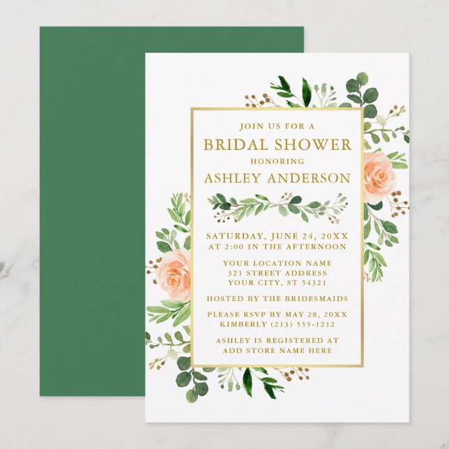 Invitación Watercolor Peach Rosas Greenery Bridal Shower Gold (Anverso / Reverso)