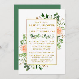Invitación Watercolor Peach Rosas Greenery Bridal Shower Gold