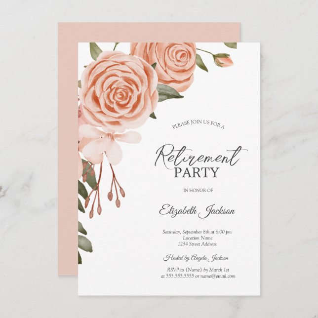 Invitación Watercolor Peach Rubor Flores Bridal Shower (Anverso / Reverso)