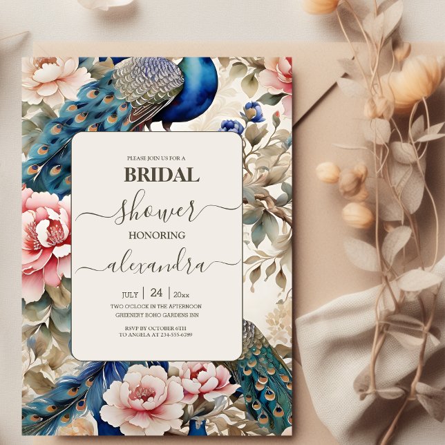 Invitación Watercolor Peacock Chinoiserie Brillante Shower (Subido por el creador)