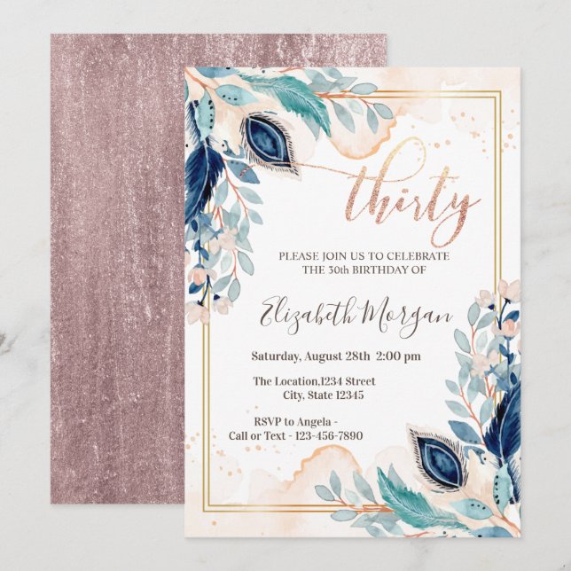 Invitación Watercolor Peacock Floral 30 cumpleaños (Anverso / Reverso)