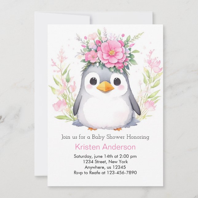 Invitación Watercolor Penguin Blissful Chica Baby Shower (Anverso)