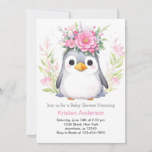 Invitación Watercolor Penguin Blissful Chica Baby Shower