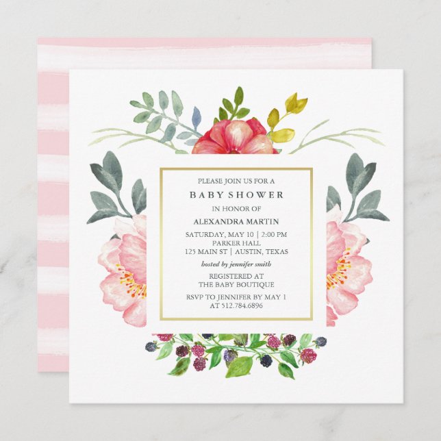 Invitación Watercolor Peonies Baby Shower (Anverso / Reverso)