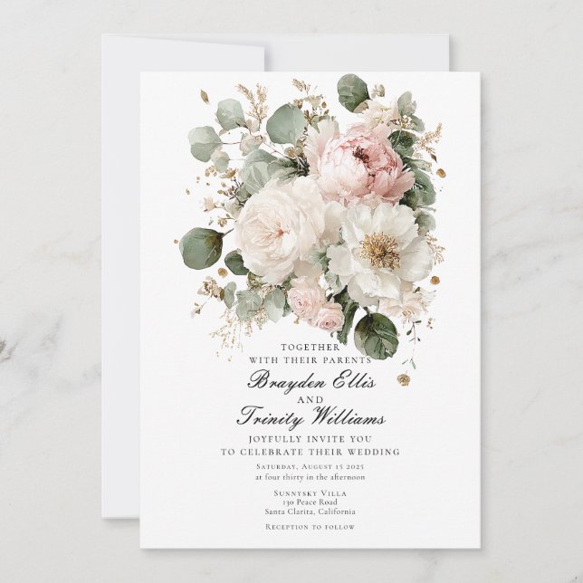 Invitación Watercolor peonies elegant wedding invitation (Anverso)