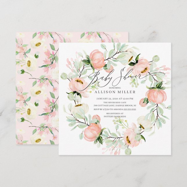 Invitación Watercolor Peonies Floral Wreath Baby Shower (Anverso / Reverso)
