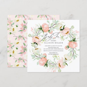 Invitación Watercolor Peonies Floral Wreath Baby Tea
