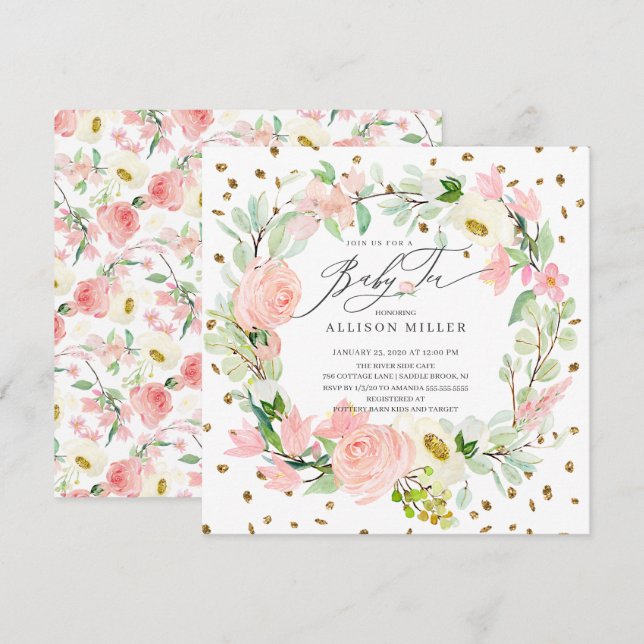 Invitación Watercolor Peonies Floral Wreath Baby Tea Shower (Anverso / Reverso)