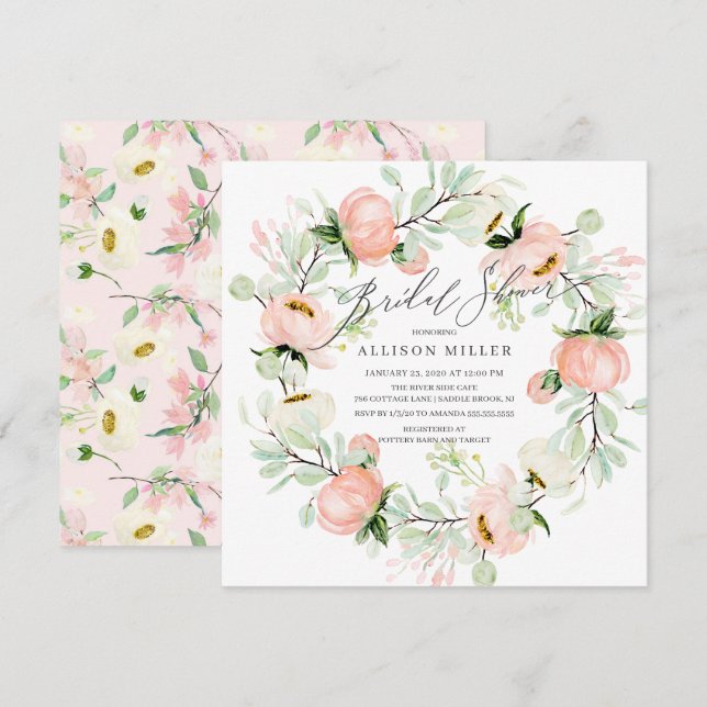 Invitación Watercolor Peonies Floral Wreath Brillante Ducha (Anverso / Reverso)