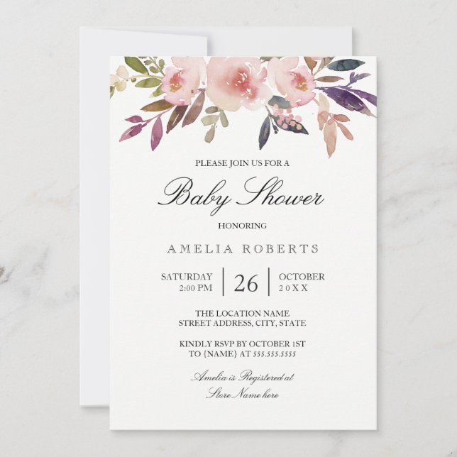 Invitación Watercolor Peonies Pink Baby Shower (Anverso)