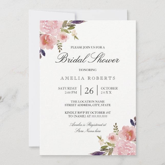 Invitación Watercolor Peonies Pink Purple Briple Shower (Anverso)